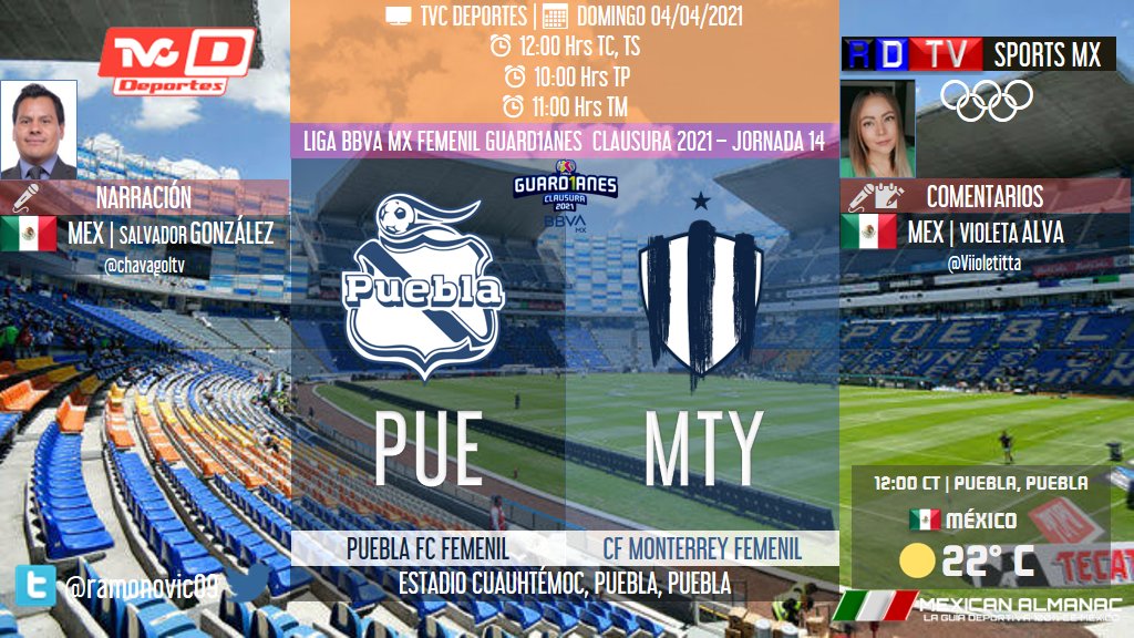 ramonovic09's tweet photo. ๐ฒ๐ฝ #LigaBBVAMXFemenil #Guard1anes2021 #Jornada14 | @ClubPueblaFem ๐ @Rayadas
#Puebla #Rayadas
๐
Hoy
๐บ @TVCDeportes
โฐ 12:00 Hrs TC, 10:00 Hrs TP
๐ค @chavagoltv
๐ค๐ @Viioletitta
#TVCDeportes #UsaCubrebocas #PUEMTY https://t.co/IDvTTtFiMJ