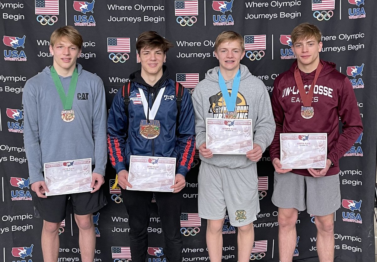 Our four All-Americans at USAW Folkstyle Nationals with their hardware.  
Way to battle...Congratulations!!!