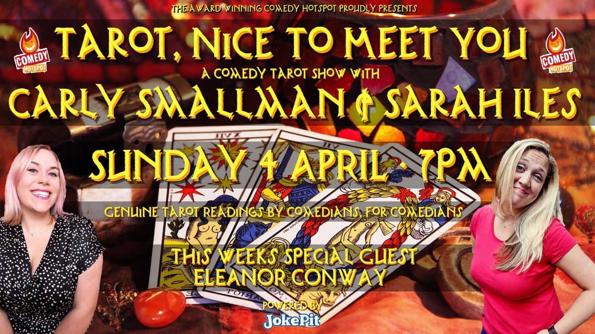 TAROT, NICE TO MEET YOU is live tonight @ 7pm. Join us 4 a light hearted look @ the world of Tarot. You can also get your own free Tarot Reading during the show. Here is the link - facebook.com/37365465269423… <a href="/carlysmallman/">Carly Smallman</a> <a href="/Sarahiles82/">Sarah Iles</a> <a href="/comedy_hotspot/">Comedy HotSpot</a> <a href="/PromoteComedy/">JokePit The Comedy Box Office</a> <a href="/EleanorConway/">Eleanor Conway</a>