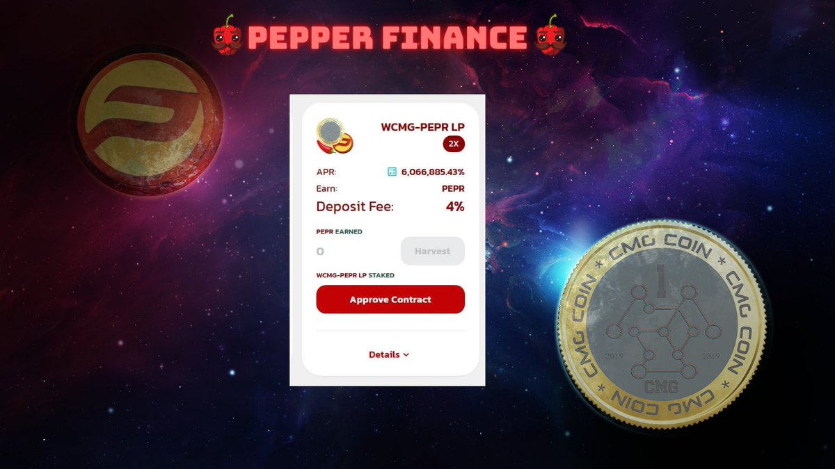 projectpeps's tweet image. 🌶️Be the Early Farm  to enjoy High APR at $CMG and $PEPR DeFi Farm at #PepperFinance

🚜Up to 6m% APR at @CmgCoin #YieldFarm 

🏆Earn #PEPR Tokens

🔗 swap.peps.today

@cz_binance #CMGCOIN #BinanceSmartChain #DeFi #PEPS   #BTC @CoinMarketCap @coingecko @AdsCryptonimus