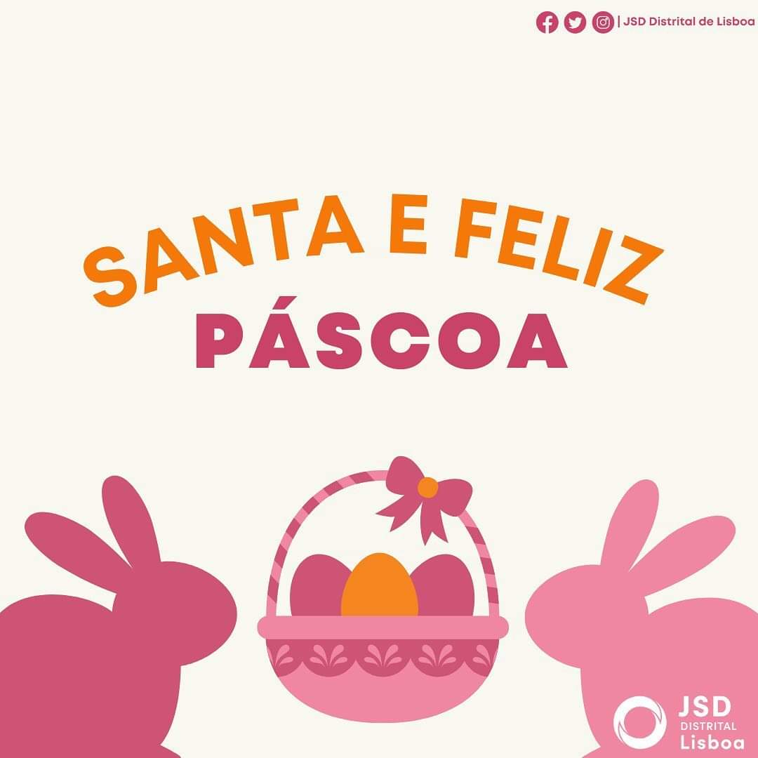 🙏🏼🐰 𝐒𝐚𝐧𝐭𝐚 𝐞 𝐅𝐞𝐥𝐢𝐳 𝐏á𝐬𝐜𝐨𝐚

A <a href="/jsddistritallx/">JSD Distrital Lisboa</a> deseja a todos uma Santa e Feliz Páscoa, ainda que, tal como já nos temos vindo a habituar, esta seja comemorada de forma diferente como outrora era vivida.

Com o esforço de todos, em breve estaremos juntos novamente.