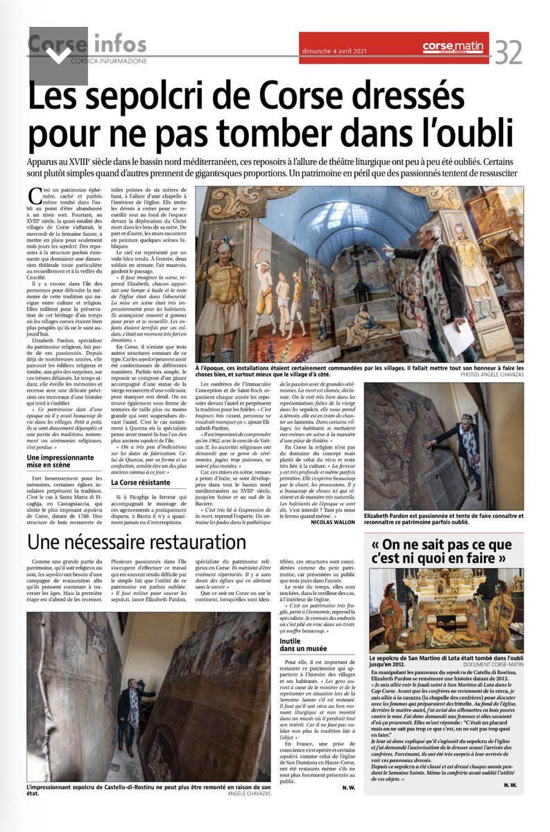 CastagnicciaT's tweet photo. « U sepolcru » de Ficaghja en #Castagniccia mis à l’honneur dans un article du Corse-matin du jour.
Elisabeth Pardon, spécialiste du patrimoine religieux et passionnée nous transmet son savoir et ses découvertes !
⤵️⤵️⤵️
#reposoir #sepolcri #corse #patrimoinereligieux #ficaghja https://t.co/yWMbRXBxys