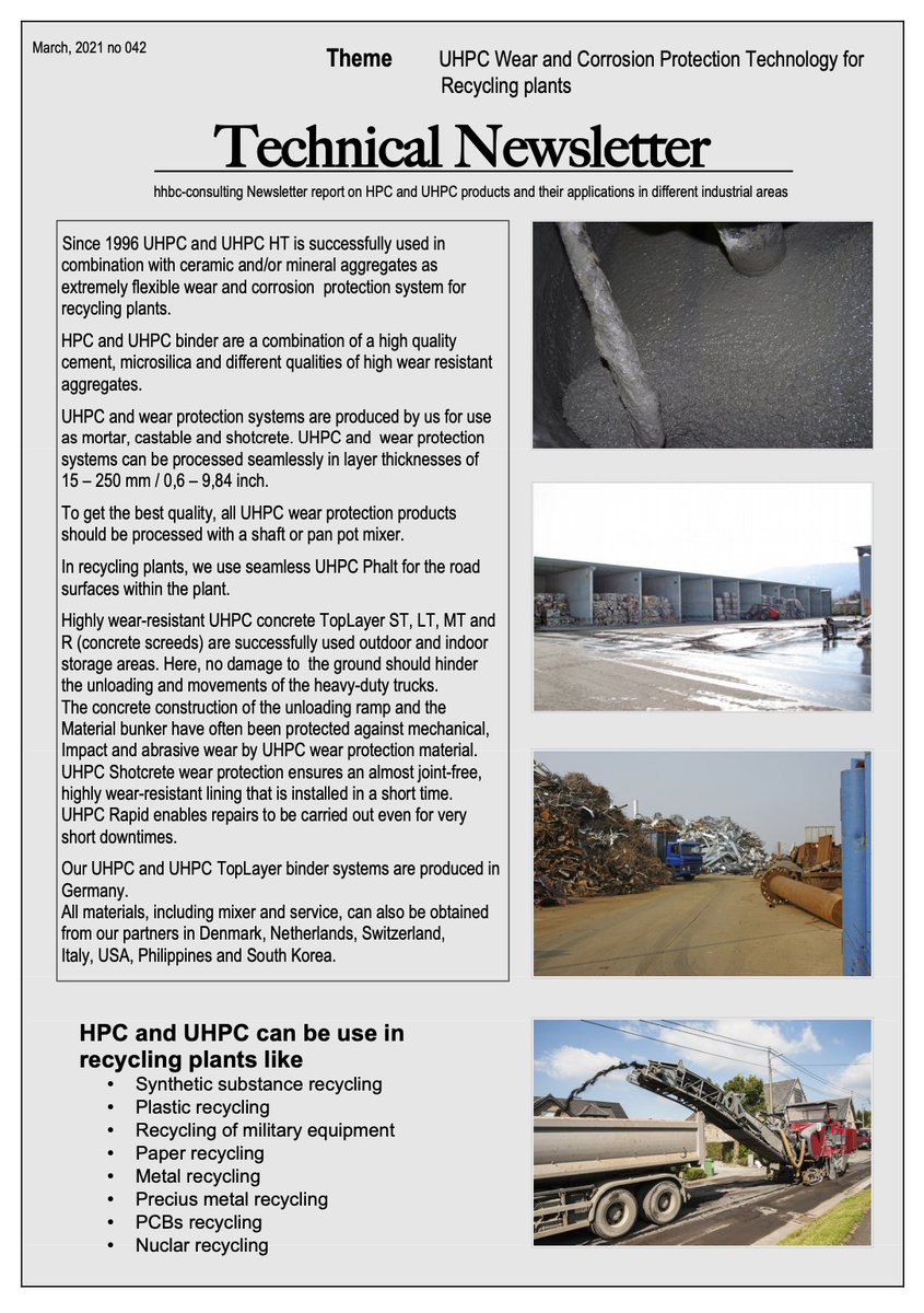 hhbc_consulting's tweet photo. Floor coverings for the recycling industry are very often subject to extreme and very special loads, where normal concrete and asphalt fail. UHPC materials are much more resistant to these loads.
#UHPC #pavment #industrialflooring #industrialscreed #Asphalt #concrete #Architects https://t.co/XcXlGUAQfS
