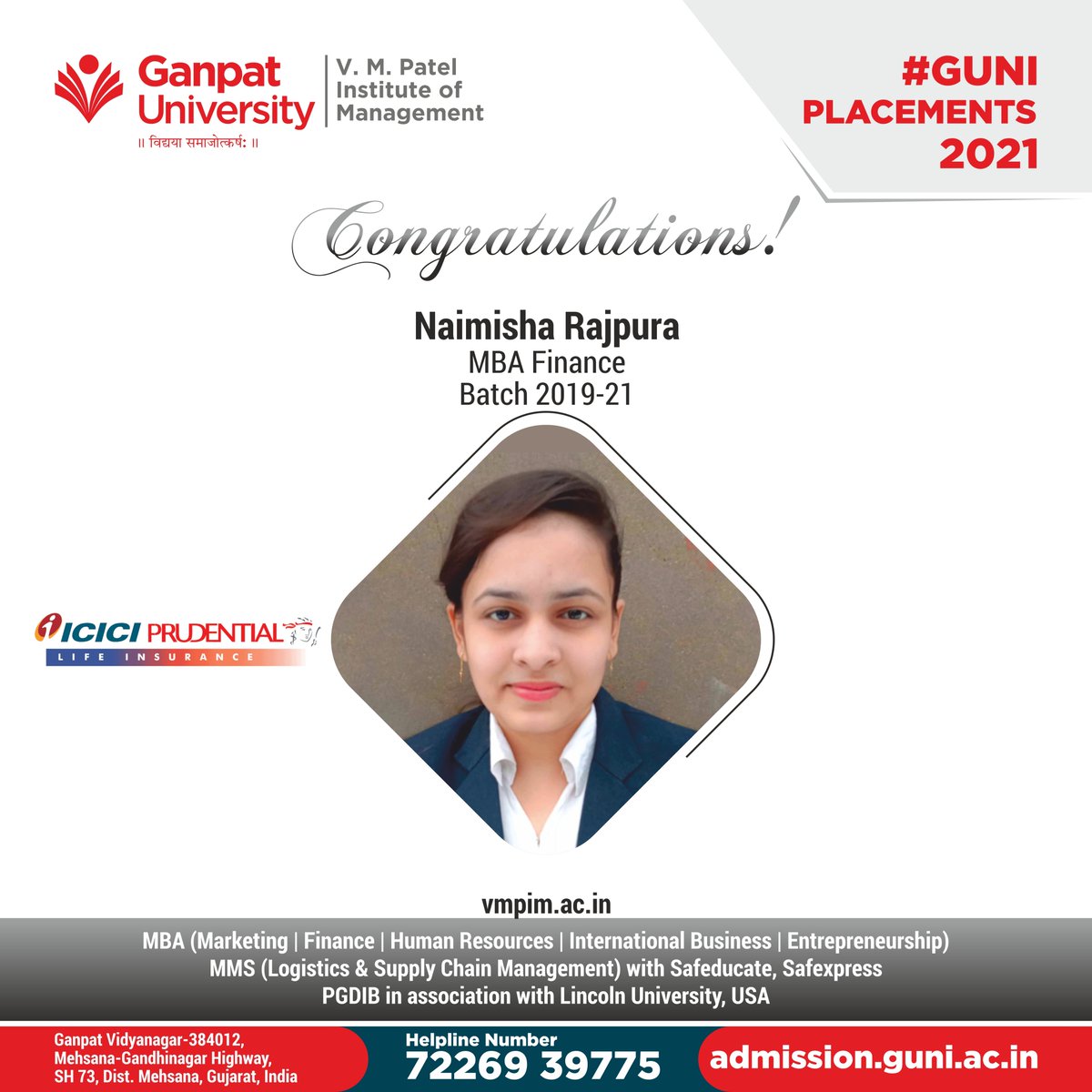 VMPatelInstitu1's tweet photo. We are proud to announce that our student Naimisha Rajpura got selected for ICICI Prudential Congratulations to you Naimisha! We wish you a successful future.
#Campus #Placements #proudmoment #finance #iciciprudential #GUNI #VMPIM #GanpatUniversity #asociallyresponsibleuniversity https://t.co/T4DzFTqABz