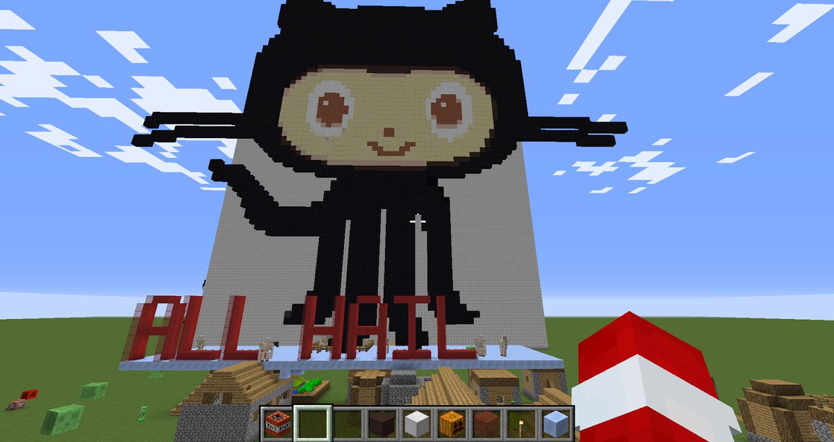 trulyshaking's tweet image. @GitHubEducation @uncommonhacks #MyOctocat #UncommonHacks 

Drew it with a pixel (block?) editor and used command blocks to translate it into Minecraft. I believe this is beyond hailworthy