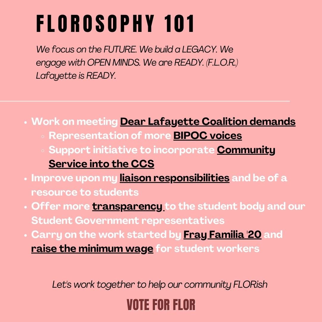 FlorSelena_'s tweet image. For the FIRST time in Lafayette’s history, we have our FIRST ever POSSE SCHOLAR WHO IS UNDOCUMENTED AND CENTRAL AMERICAN running for Student Body President!
4/6/2021 @ 6:30 PM EST Meet the Candidate Forum 
4/8/2021 - 4/9/2021: Voting will occur!