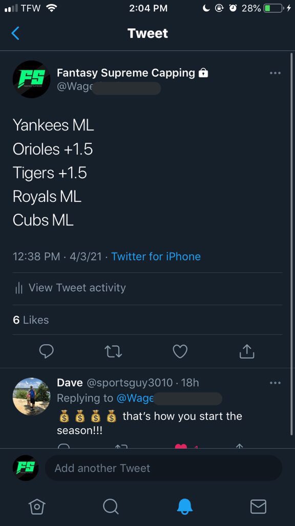 SupremeCapping's tweet image. This isn’t just chance or randomness. I clearly know shit that people don’t know.

$5,000💵

Yankees ✅💵
Orioles ✅💵
Tigers✅💵
Royals ✅💵
Cubs✅💵

All sports Capping members already made their fee back this MLB season