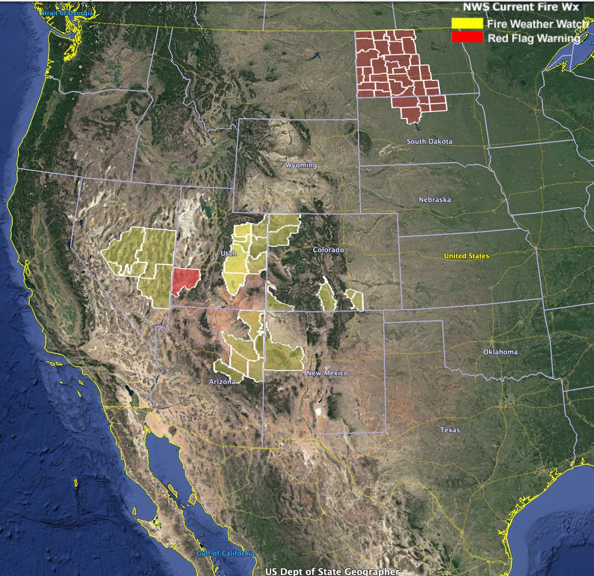 wildfiretoday's tweet image. Red Flag Warning in effect Sunday in parts of Utah and North and South Dakota for strong winds and low relative humidity.