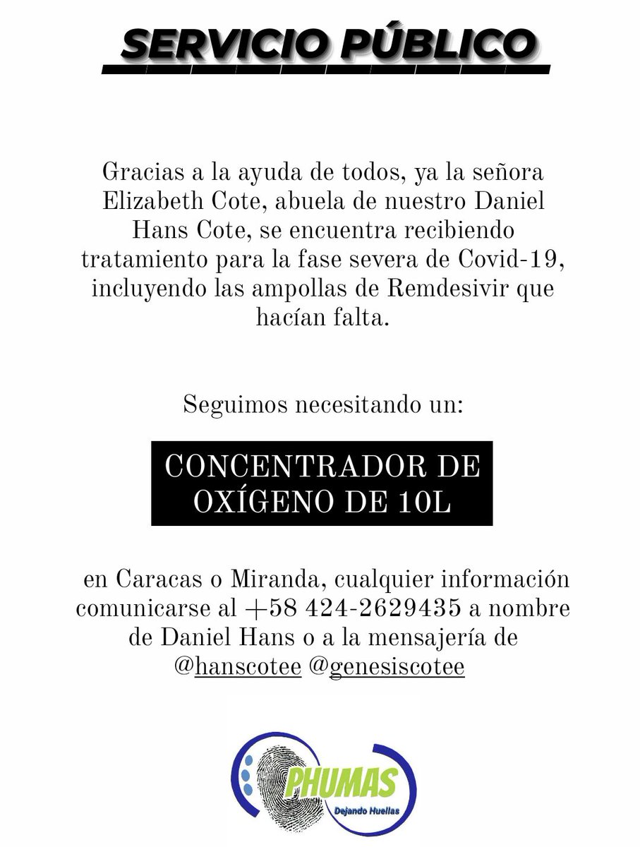 hanscotee's tweet image. Amigos buenas tardes, seguimos en la búsqueda de un Concentrador de oxígeno de 10 Litros para mi abuelita Elisabeth de 72 años, agradezco me ayuden a difundir, a ver dónde logramos conseguir uno que podamos alquilar a un precio accesible, cuento con ustedes.