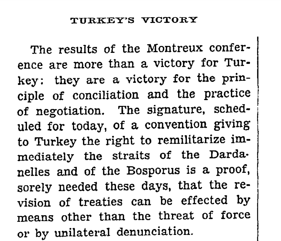 sogultuna's tweet photo. New York Times'tan Montrö Konferansı ve Sözleşmesi ile ilgili Temmuz 1936 tarihli dört ayrı başlık:

"Boğazların yönetimi Türkiye'ye bırakıldı" (17.07)

"Türkiye'nin Zaferi" (20.07)

"Türkler yarın Boğazları silahlandıracak" (20.07)

"Türkler Boğazlar Zaferini kutluyor" (22.07) https://t.co/V0SKnB1X8n