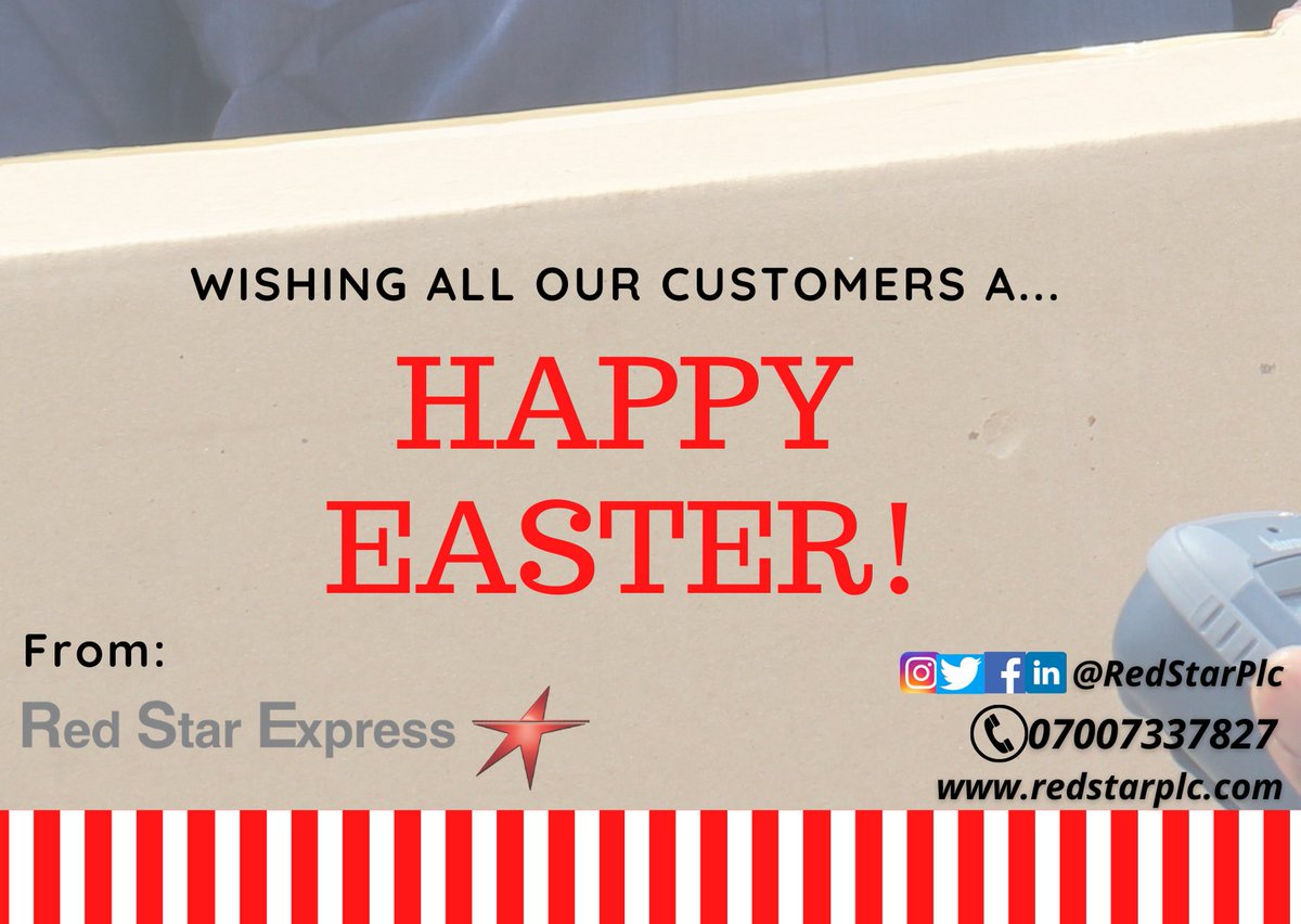 RedstarPlc's tweet photo. Red Star Express Plc wishes all it's customers a very Happy Easter Celebration.
#Service #Delivery #Courier #Logistics #Freight #Ecommerce #Technology #Cargo #Package #Parcel #Ship #Send #RedStarExpress #RedStarPlc https://t.co/HRF1cJCnwl