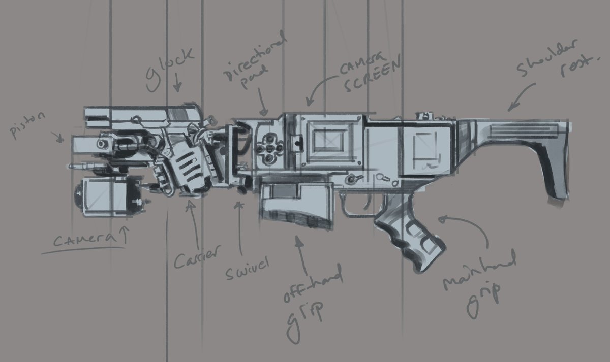 michaelkatchan's tweet image. gun studies for an art assignment ~ I'll show where i was taking this in another post. We have the #cornershot and the @boringcompany 's flamethrower. #NobodyArtistClub #guns #art