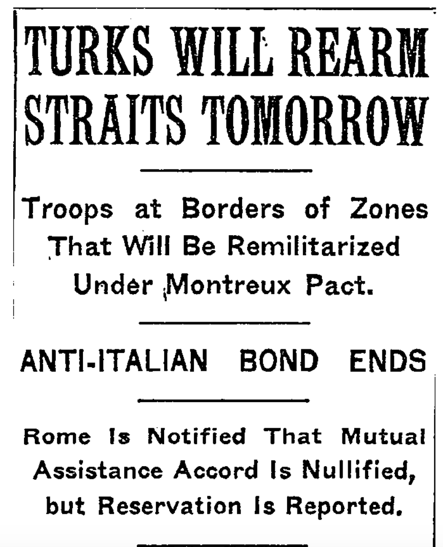 sogultuna's tweet photo. New York Times'tan Montrö Konferansı ve Sözleşmesi ile ilgili Temmuz 1936 tarihli dört ayrı başlık:

"Boğazların yönetimi Türkiye'ye bırakıldı" (17.07)

"Türkiye'nin Zaferi" (20.07)

"Türkler yarın Boğazları silahlandıracak" (20.07)

"Türkler Boğazlar Zaferini kutluyor" (22.07) https://t.co/V0SKnB1X8n