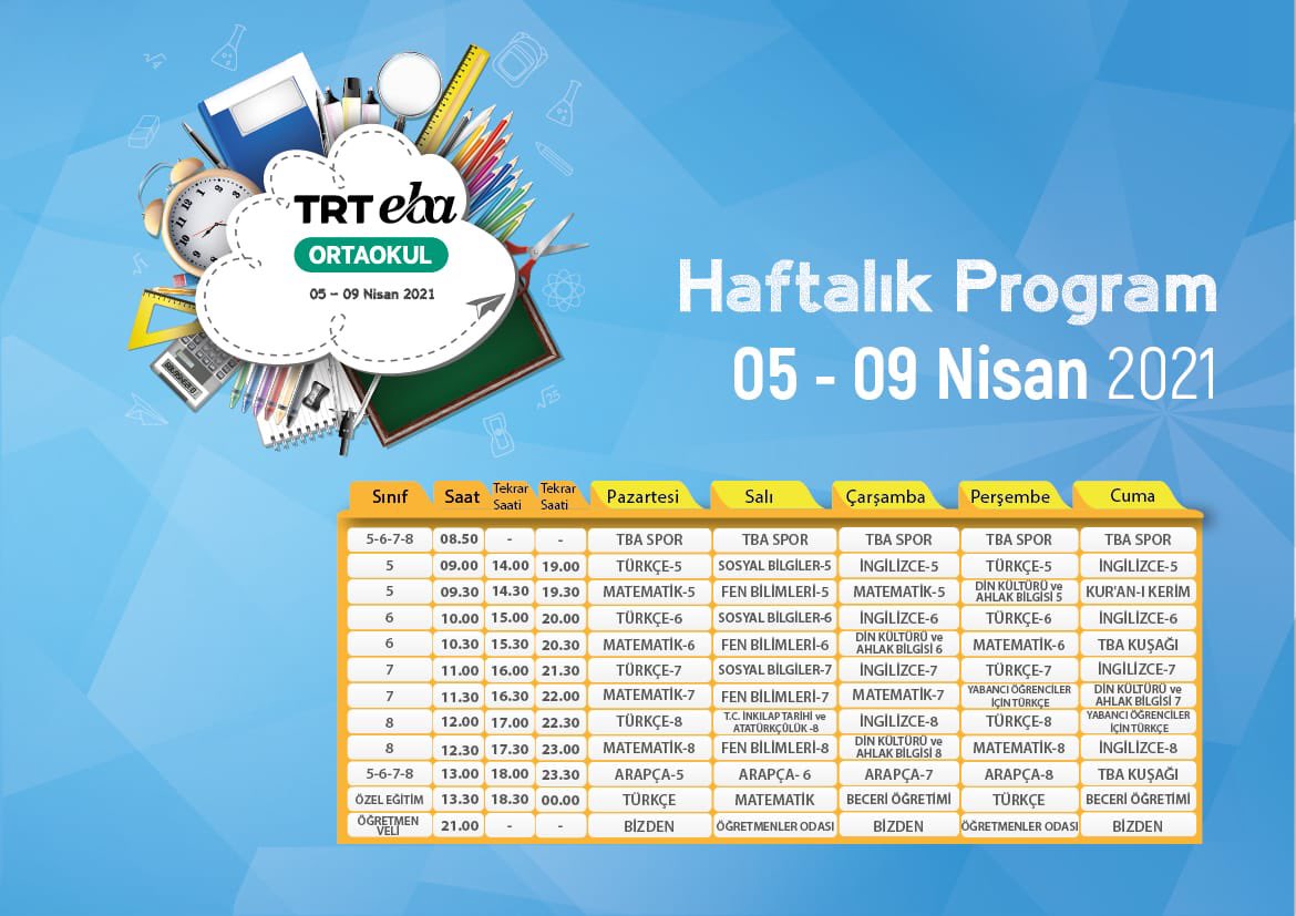📺TRT EBA’ da Yeni Haftanın Programı yayımlandı.

📖👩‍🔬EBA TV İlkokul, Ortaokul ve Lise kanallarına bekliyoruz.

🗓 5-9 Nisan 2021 

<a href="/tcmeb/">Millî Eğitim Bakanlığı</a>
<a href="/ziyaselcuk/">Ziya Selçuk</a> 
<a href="/haciomerkartal/">Hacı Ömer KARTAL</a> 

İşte, yeni haftanın akışı
👇  👇  👇