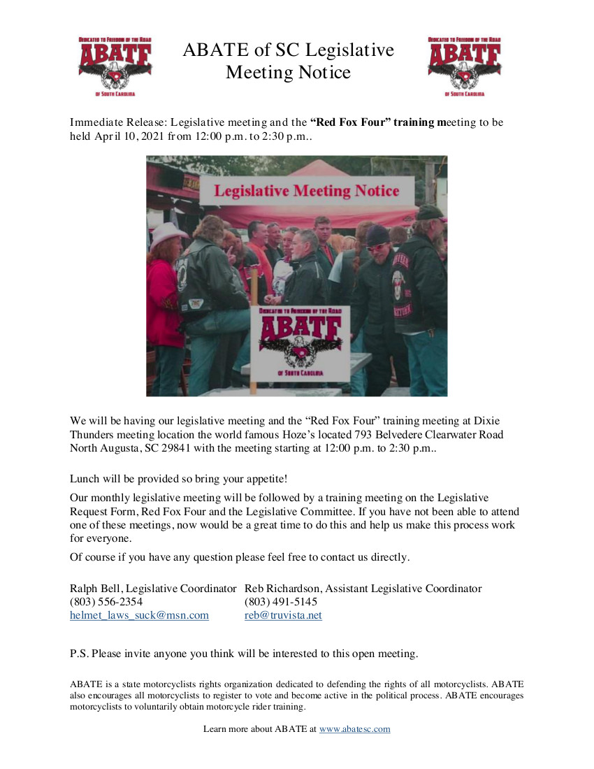 abatesc's tweet photo. Legislative meeting and “Red Fox Four” training – Sat. April 10, 2021 https://t.co/6qTvNgcvQE https://t.co/40xFSj9dwg