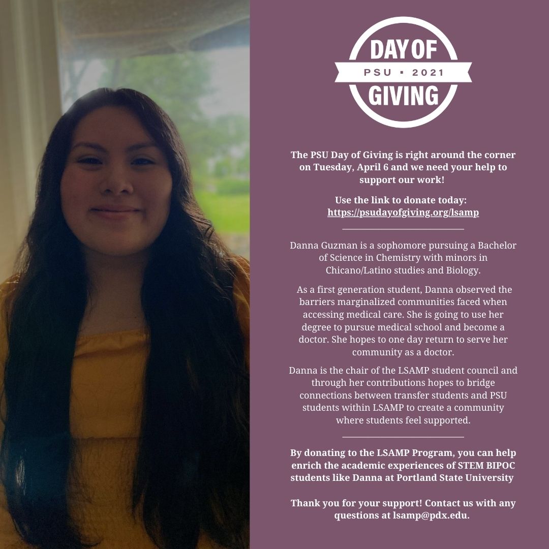 The PSU Day of Giving is right around the corner on Tuesday, April 6th and we need your help to support our work!

Use the link to donate today: psudayofgiving.org/lsamp

#Donate #PSU #PortlandState #PDX #DayofGiving