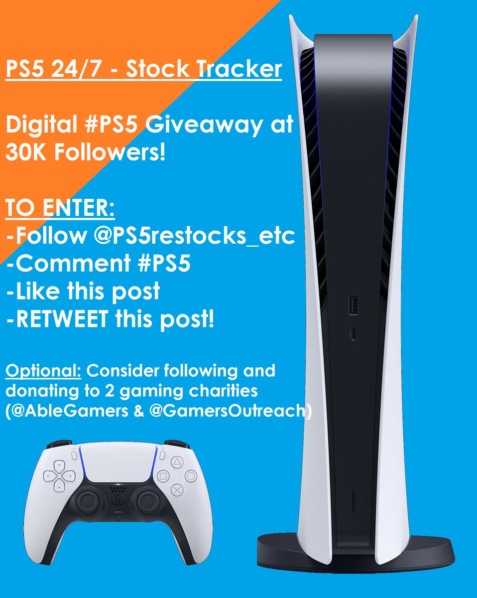 [#PS5 GIVEAWAY - CHARITY DRIVE]

This team works to secure #PS5/#Xbox at MSRP &amp; many do! We help each other &amp; believe in charity!

Now, I'm giving back:
1 Digital #PS5 console!

-Follow <a href="/PS5restocks_etc/">Redirect page for STOCK TRACKER (@Tracker_RY)</a>
-Comment #PS5
-Like✅
-Retweet♻️

(Support gaming accessibility: <a href="/AbleGamers/">AbleGamers Charity</a>)
