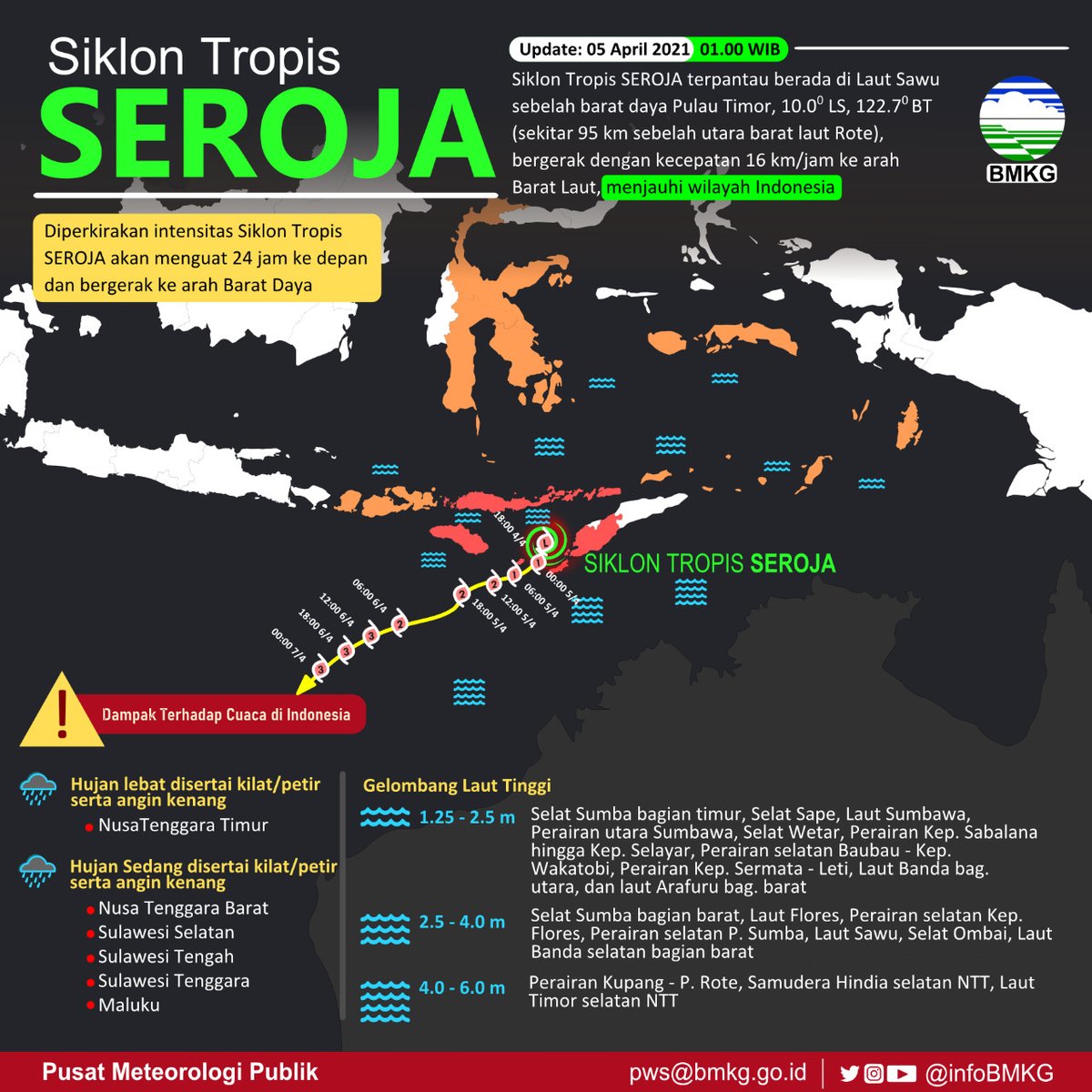 Halo Sobat BMKG.

Berikut adalah infografis SIKLON TROPIS SEROJA yang terpantau di Laut Sawu sebelah barat daya Pulau Timor

Tetap waspada sobat

#prayforNTT
#infobmkgpws
#05april2021pws