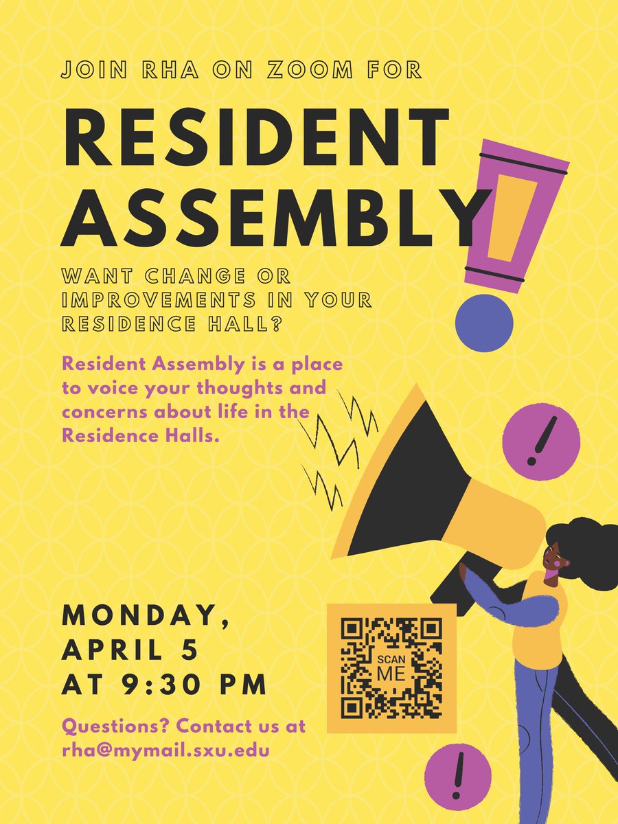 SXURHA's tweet photo. Join us TOMORROW for the last Resident Assembly of the semester!

Voice your thoughts on Residence Hall life &amp; get to know what our on-campus staff have planned for you.

Find the Zoom link in our bio or scan the QR code.
📣📣📣
#SXURHA #ResidentAssembly #StudentVoice https://t.co/I0HB8I36uw