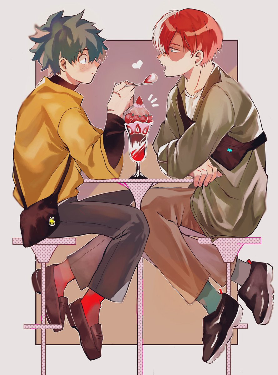 midoriya izuku ,todoroki shouto 2boys multiple boys male focus red hair burn scar scar green hair  illustration images