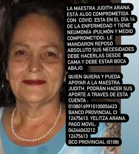 #ServicioPúblico Judith Arana fue diagnosticada con coronavirus y su cuadro se agrava por presentar neumonía y requiere de ayuda económica para costear gastos médicos. Quien pueda colaborar, favor hacerlo a los datos bancarios de la imagen. Gracias.