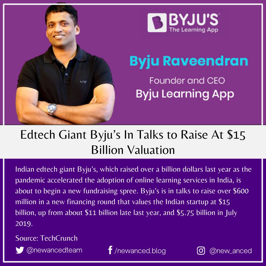 sciencenstuf's tweet photo. Edtech Giant Byju’s In Talks to Raise At $15 Billion Valuation
Source: TechCrunch
📷 SugerMint
#tech #byju #edtech #india #pandemic #onlinelearningservices #fundraiser #investors #valuation #techcrunch
https://t.co/0rfdYZjSgB https://t.co/cX284GRFU0