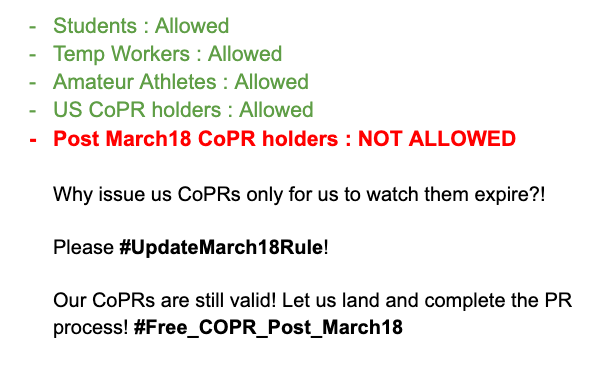 JayShar91919426's tweet photo. @marcomendicino @CanadianPM @liberal_party @JustinTrudeau The CA Govt approved us for PR, set a fixed expiry &amp; then told us we cannot land!

While students, temp workers, US CoPRs are allowed to enter.

Our CoPRs expire in 26 Days!! 

Please EXEMPT US TOO! #Free_COPR_Post_March18 https://t.co/nuj3VwmqG5