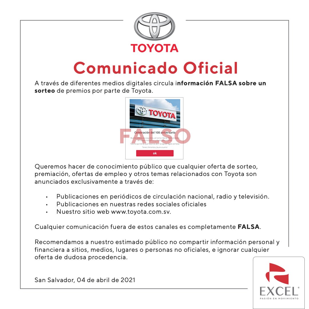 #TomaNota de este aviso importante de Toyota El Salvador.