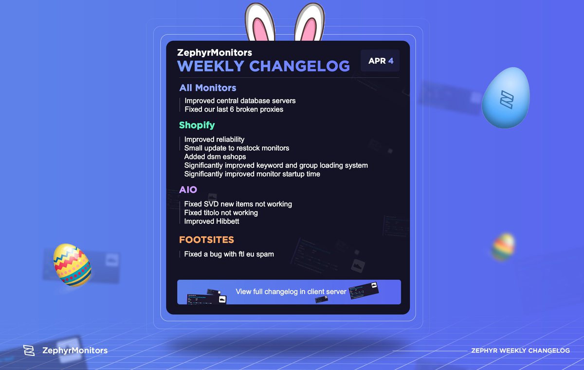 Happy Easter! 🐣 

This week at Zephyr Monitors - 4/4/21

-> Improved central database. 
-> Shopify reliability improvements.
-> Fixed titolo.

We are looking forward to helping our customers destroy every release this April!