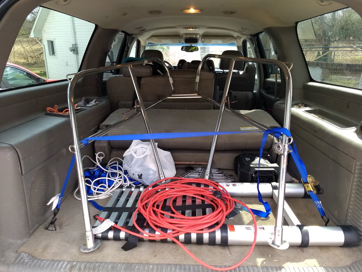 SVMaverickV's tweet image. Why #BoatProjects spiral:

We're installing LED nav lights.
But the old wiring is flaky.
And it wouldn't pull out of the pulpit tubes.
So now the entire bow pulpit is in the back of the truck, so we can replace the wires in the workshop, instead of from inside the anchor locker.