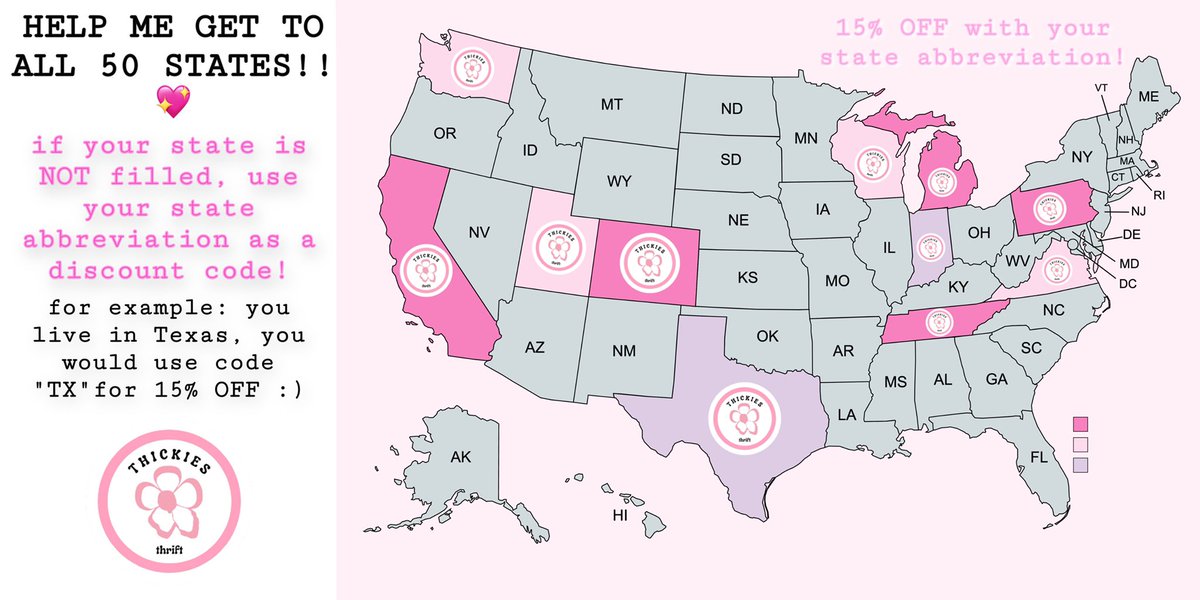 We’ve got 11 states down & 39 to go!! If your state is grey you can use your state abbreviation as a discount code for 15% OFF your order! 💖✨🐰 thickiesthrift.com all orders come packed with love and goodie bags! 🥺💕