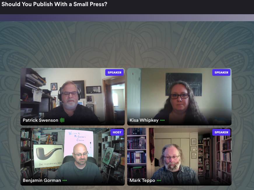 RamonaRidgewell's tweet photo. Day 4 Panel 3 @norwescon #nwc43 Should You Publish with a Small Press. Lots of good info from @TeacherGorman @patrick_swenson @KisaWhipkey @MarkTeppo about how & if to choose a small press. #Publishing https://t.co/o4S9emVTTl