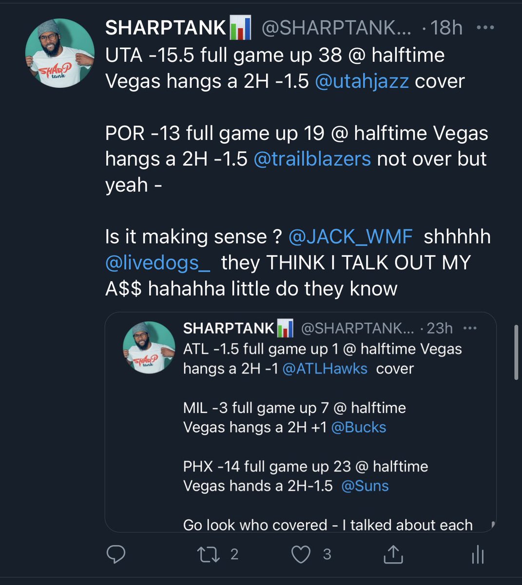 STOP GAMBLING - Start Winning (@onestop_choco) on Twitter photo Uh oh #choco can you explain this again please ? Of course I can
Lets take a look at this <a href="/Lakers/">Los Angeles Lakers</a> vs <a href="/LAClippers/">LA Clippers</a> game
LAC -10.5 full game up 15 @ halftime
Vegas hangs a 2H -1.5 <a href="/LAClippers/">LA Clippers</a> cover.
Yeah I know choco talk out his a$$ but THE PRODUCT STILL THE BEST THO. Uh oh #choco can you explain this again please ? Of course I can
Lets take a look at this <a href="/Lakers/">Los Angeles Lakers</a> vs <a href="/LAClippers/">LA Clippers</a> game
LAC -10.5 full game up 15 @ halftime
Vegas hangs a 2H -1.5 <a href="/LAClippers/">LA Clippers</a> cover.
Yeah I know choco talk out his a$$ but THE PRODUCT STILL THE BEST THO.