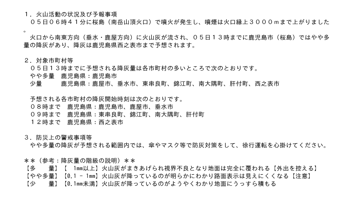 O Xrhsths 地震 津波 火山情報 Sto Twitter 桜島 降灰予報 詳細 05日13時までに鹿児島市 桜島 ではやや多量の降灰 があり 降灰は鹿児島県西之表市まで予想されます