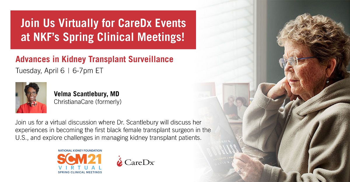 Join us for a virtual discussion with Dr. Velma Scantlebury (@scantlv), the first female, African American transplant surgeon in the U.S., on April 6 from 6-7 p.m., to learn about 'Advances in Kidney Transplant Surveillance.' Register here: bit.ly/31HjkbE #NKFClinicals