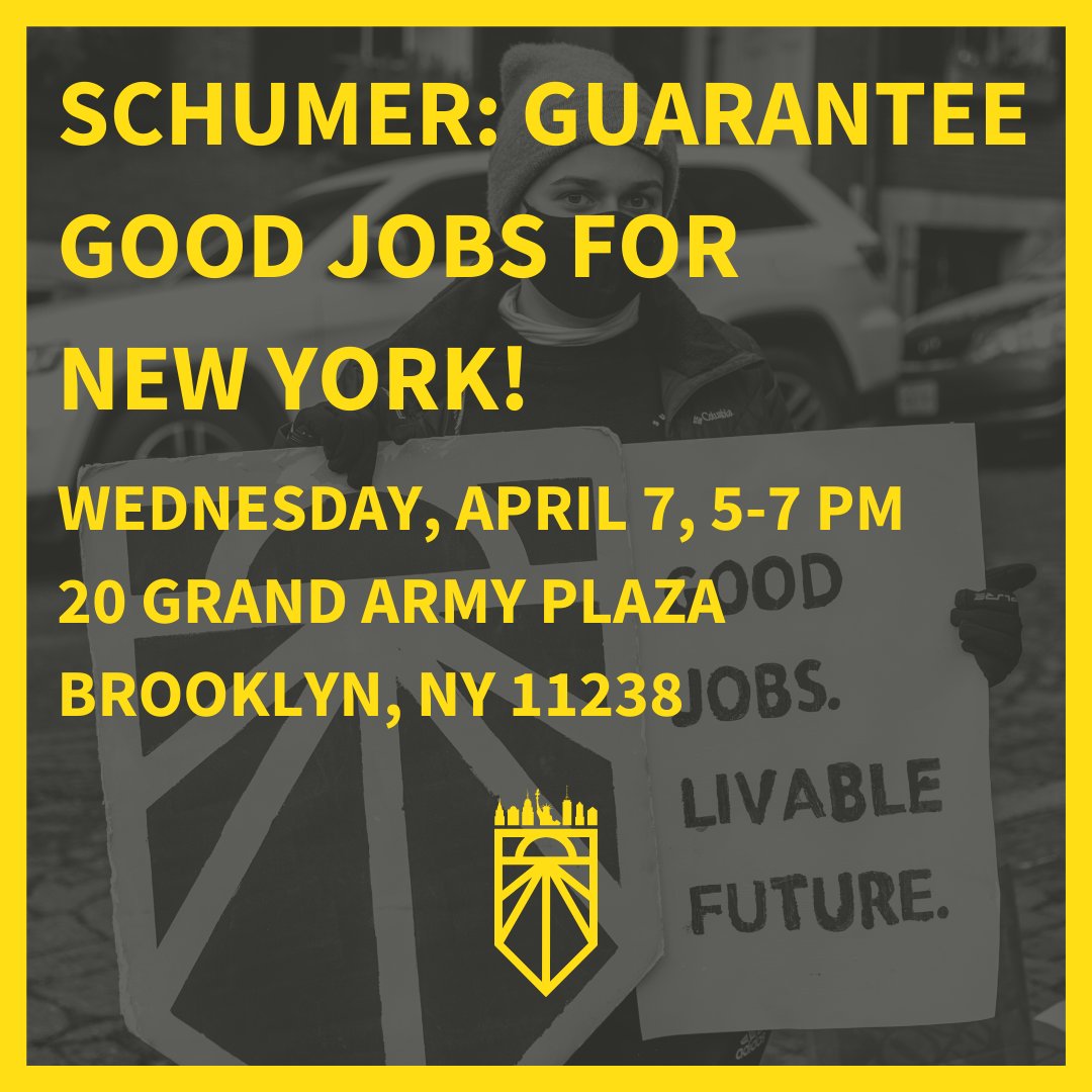 sunrisemvmtnyc's tweet photo. Join us outside @SenSchumer's house We need to guarantee a decent living for all and fight climate change -- and those go hand in hand. on Wednesday, April 7 for a National Day of Action to demand #GoodJobs4All! https://t.co/Qz1n4KNyiD