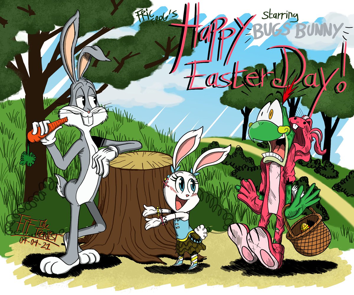 FTFTheToonist's tweet photo. [NEW]After Fric Frog, dressed as bunny, hardly succeed to put all eggs in good ways, he rewards to meet a excellent star. Because of "Space Jam 2" trend?

Happy Wonderful Easter Day! (again)
#FricFrogFime #FricFrog #FionaRabbit #OCs #BugsBunny #LooneyTunes #GuestStar #OriginalArt https://t.co/2cdnYOzwD0