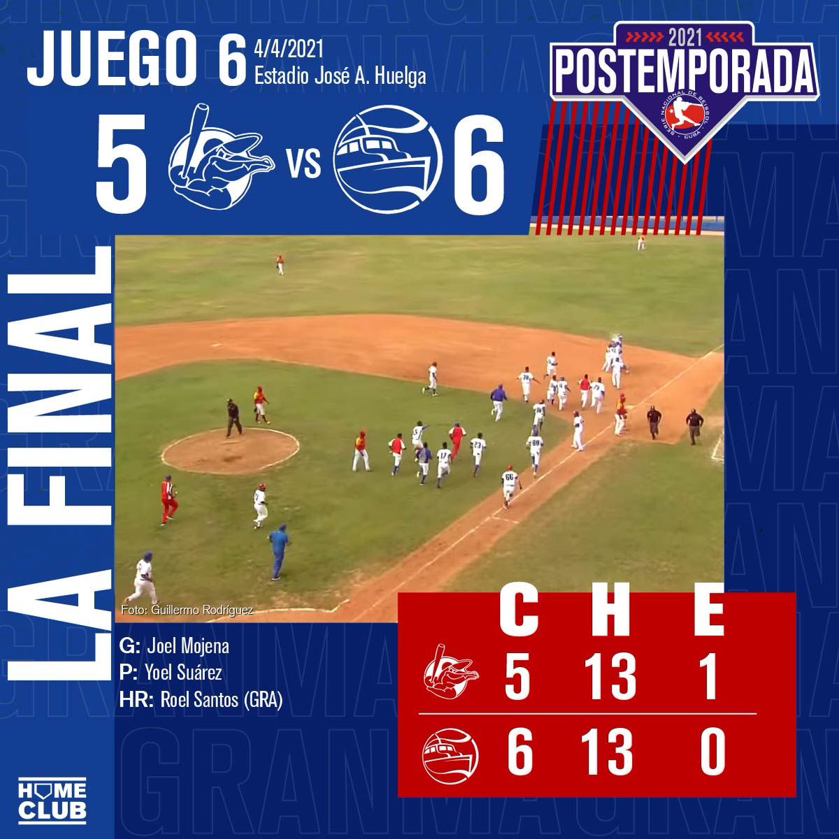 🎉GRANMA CAMPEÓN de la pelota cubana ⚾🇨🇺 Los Alazanes 🐎 consiguieron su tercer título en el juego 6 de la Gran Final ante los Cocodrilos 🐊.

G: Joel Mojena 
P: Yoel Suárez 
Hr: Roel Santos (GRA)

#HomeClub | #LaCasaDelBeisbol