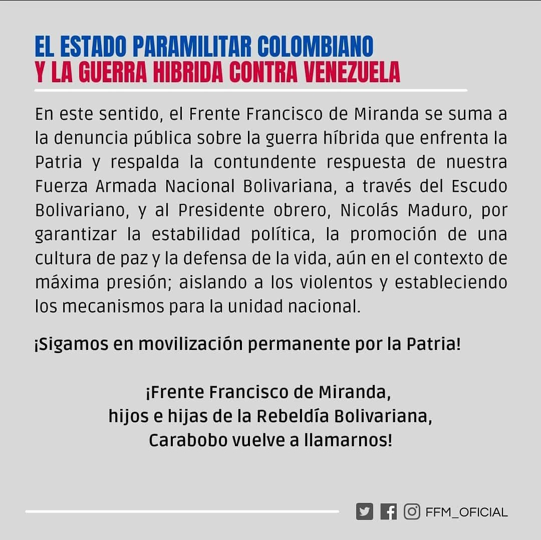 El Frente Francisco de Miranda sigue en la lucha social y no sólo se suma a la denuncia contra el asedio de criminales colombianos, también respalda a la FANB y a nuestro Pdte. @NicolasMaduro. ¡Como hijos e hijas de la rebeldía bolivariana nos mantenemos en alerta por la Patria!