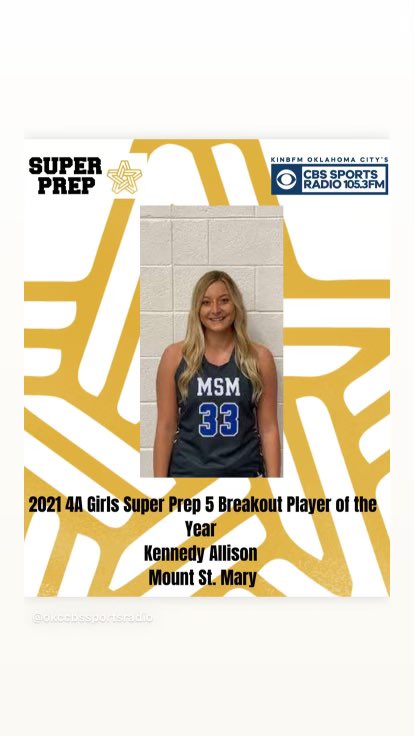 prep_super's tweet photo. OKCS CBS Sports Radio 105.3:
2021 4A Girls Super Prep 5 Breakout Player of the Year Kennedy Allison’21 of Mount St. Mary High School. @KennedyAllison1 @msmgbb1 https://t.co/Y2PtuH34bC