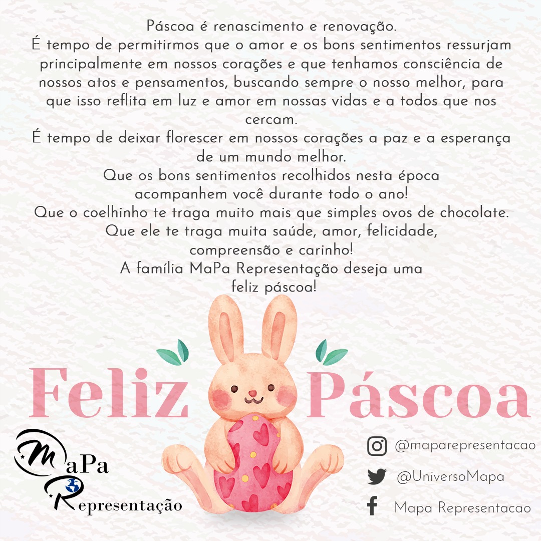 UniversoMapa's tweet photo. Que o coelhinho te traga muito mais do que simples ovos de páscoa. Que ele te traga muita saúde, amor, felicidade, compreensão e carinho.

A família MaPa Representação deseja a todos uma Feliz Páscoa!

#FelizPascoa #Pascoa #Pascoa2021 https://t.co/GiJ6EzuC9k