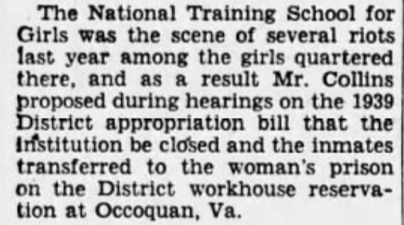 And that leads me to "The National Training School for Girls": Another institution where Black girls were imprisoned in D.C., under the guise of school.They wanted to move the girls (CHILDREN) from the space to a women's prison, so "the receiving home" could move to their bldg.