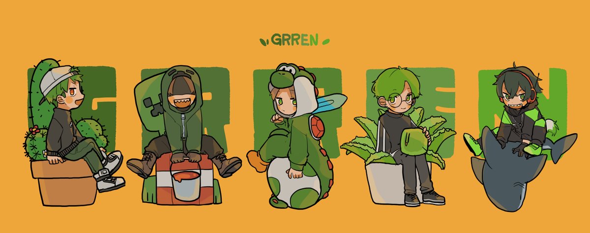 multiple boys green hair plant sitting male focus smile potted plant  illustration images