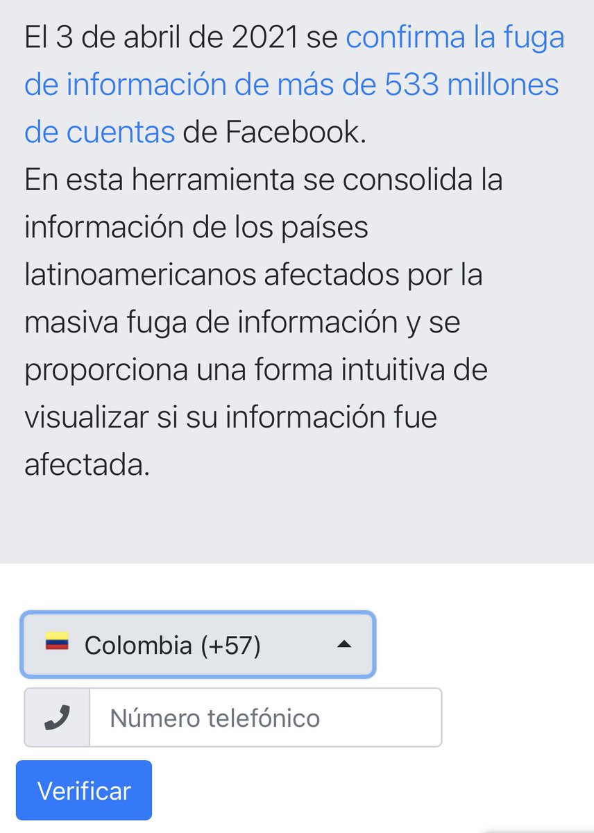 Acaban de sacar un app sencilla para realizar lo que seguro muchos están haciendo, verificando si sus datos están en la filtración de #facebookleak la Url es leaks.titan.co/fb/ y los créditos para <a href="/sinfocol/">Daniel Correa</a> y su equipo.