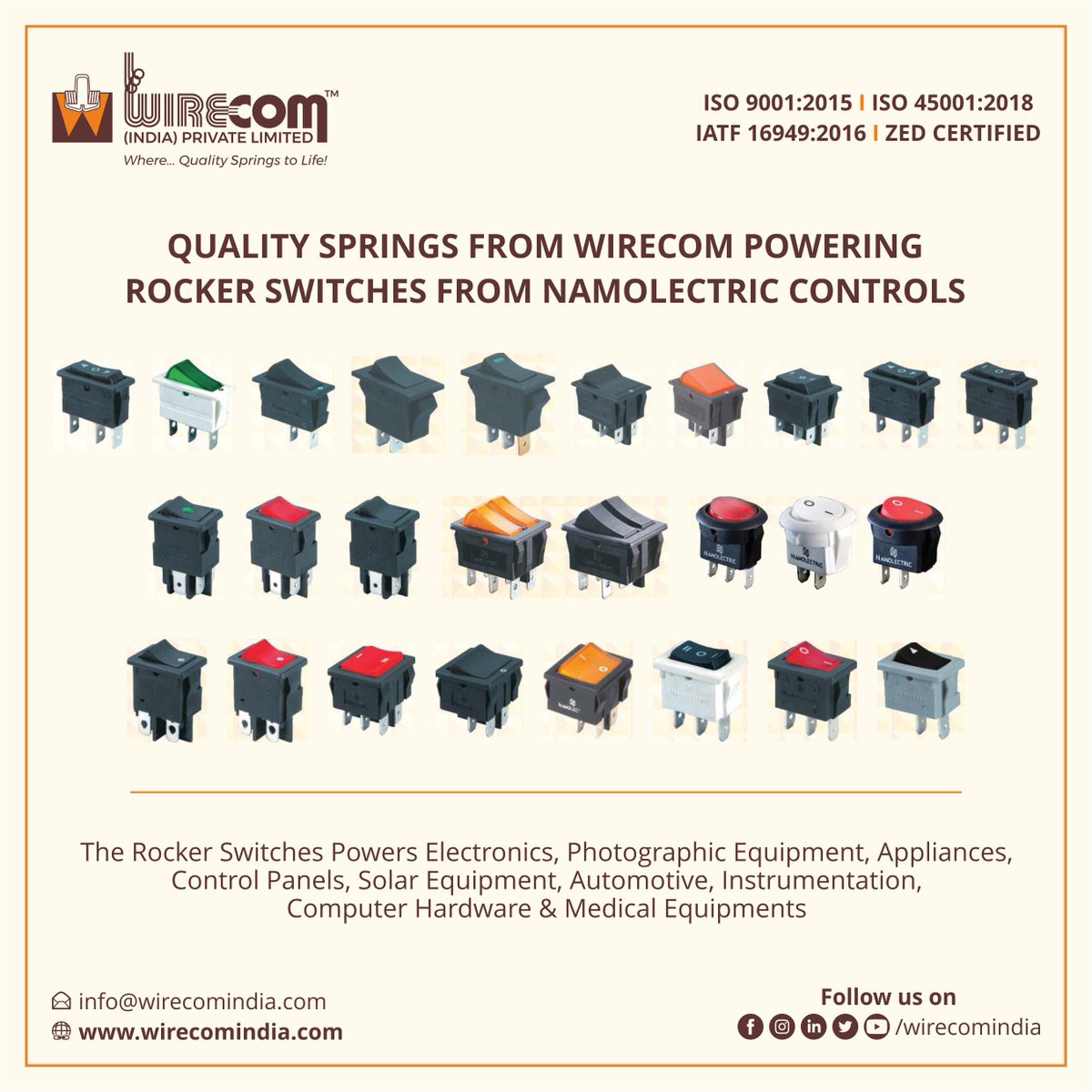Spring is responsible for making the connections by pressing the contacts through the spring force thereby making the switch ON and OFF.

@WirecomIndia has been powering Namolectric Controls Rocker Switches

#rockerswitches #switches #switch #spring #mumbai #vasai #pune