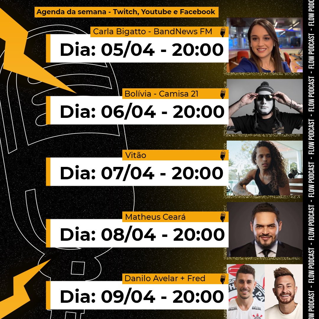 flowpdc's tweet photo. AGENDA DA SEMANA:

• SEGUNDA 05/04 - 20:00 - @CarlaBigatto 
• TERÇA 06/04 - 20:00 -  @boliviazica 
• QUARTA 07/04 - 20:00 - @vitao 
• QUINTA 08/05 - 20:00 -  @matheus_ceara 
• SEXTA 09/05 - 20:00 - @DaniloAvelar + @fred_b12 

🌻💛 https://t.co/YjBckiTihl