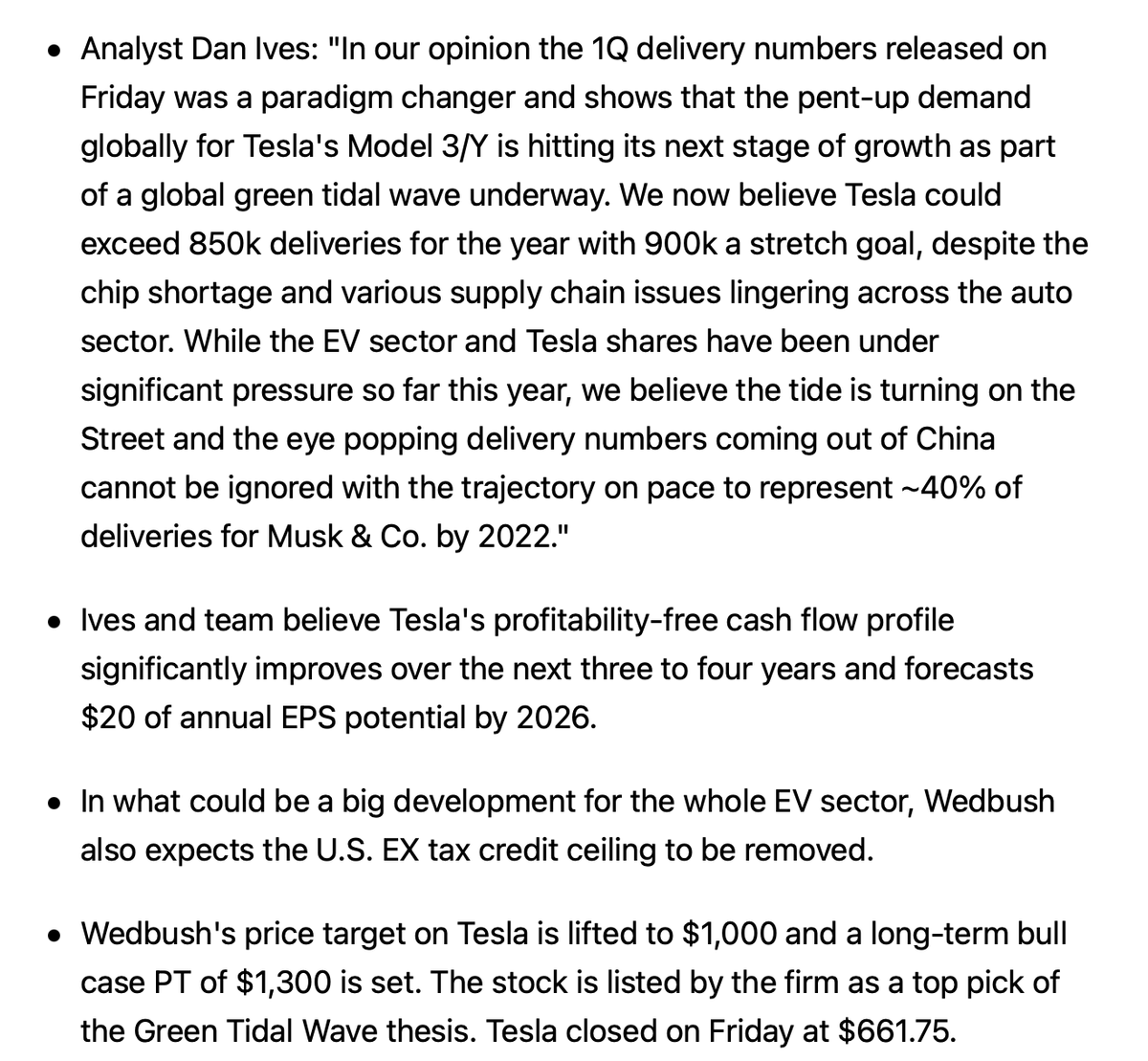 BREAKING: Wedbush analyst Dan Ives upped his $TSLA price target to $1,000 (from $950) &amp; increased his LT bull case PT to $1,300 (from $1,250). He also changed his rating from Hold to Outperform.

"In our opinion the 1Q delivery numbers released on Friday was a paradigm changer"