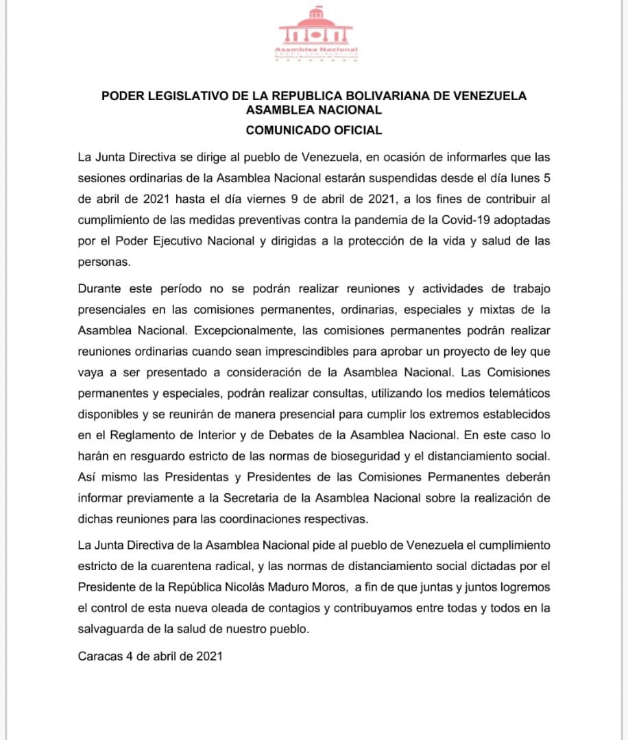#4Abr #Ahora La Asamblea Nacional suspende las sesiones ordinarias del lunes 05 al viernes 09 de abril para contribuir con la medidas preventivas contra la pandemia por covid-19