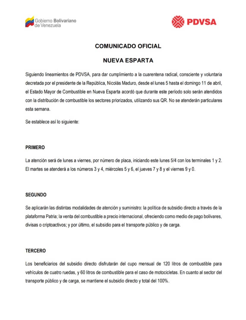 BajoLaLupaInfo's tweet photo. #Ahora Estado Mayor de Combustible, emite nuevo comunicado para venta de gasolina y diesel en #NvaEsparta: 
No habrá para particulares, solo para PRIORIZADOS, con su QR respectivo.
Mañana arrancan las placas 1 y 2
Carros: 40 litros - motos: 10 litros.

#04Abril #IslaDeMargarita https://t.co/jECTbm4wWd