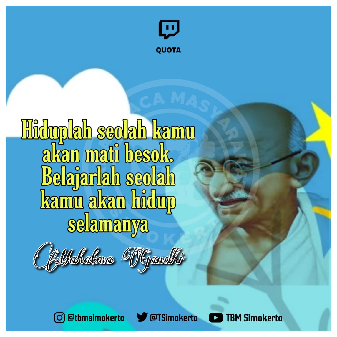 TSimokerto's tweet photo. Hallo sobat Literasi👋🏻

Sudah hari senin nih....
Waktunya Quota "Quotes Dari Taman Baca"

Selamat beraktivitas kembali dan tetap semangat di hari senin ini. 

Salam Literasi

#SeninQuota
#quota
#quotesdaritamanbaca
#surabayaku
#dispusipkotasurabaya
#tbmsimokerto 
#simokerto https://t.co/Ghh1CoZhW2